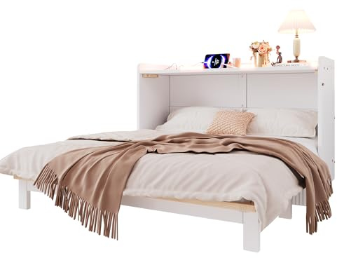 SOFTWEARY Schrankbett mit Mehrfachsteckdose, LED-Streifen und Stauraum, Wandklappbett, horizontal klappbar, platzsparend, Holz, 140x200cm