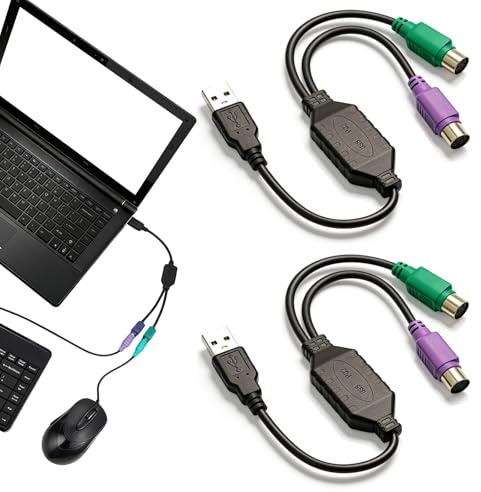 JIXLOUR - Adaptador compatible con PS/2 a USB, cable compatible con PS2 para teclado y ratón, compatible con puertos PS/2, IC integrado, 2 cables convertidor USB para una conexión fiable