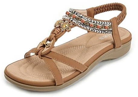 AFJYG Sandales Femme Plate Chaussures Été Bohême Élégantes Bout Ouvert Élastique Sangle Sandales Confortables Léger