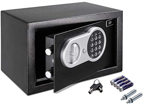 Deuba® Tresor Safe 31x20x20cm Doppelstahlbolzen Stahltür Zahlenschloss LED Licht Notschlüssel Externe Batteriebox Antirutsch-Noppen Schlüsselhaken Schutzmatte Montagematerial Möbeltresor Wandtresor