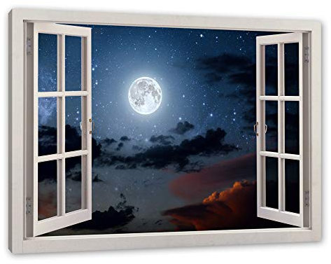 Pixxprint Leuchtender Mond am Nachthimmel, Fenster, Größe: 120x80cm, Leinwandbild, fertig gespannt, Wandbild, Dekoration, Kunstdruck, kein Poster