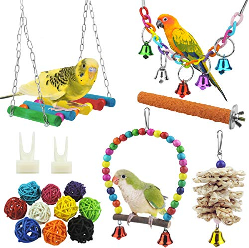 17 Stück Bunten Vogelspielzeug, Stehende Sitzstangen Vogel Papagei Schaukel Spielzeug mit Glocken, Handgemacht Vogelkäfig Spielzeug für Liebesvögel Finken Papageien Sittiche Nymphensittiche Conures