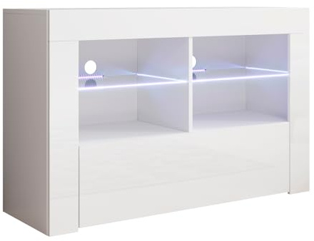 MB Muebles Bonitos, Mueble TV Lilian con Luz LED para Salón Moderno, 1 Puerta Abatible, Mueble de Melamina Brillo, Color Blanco, 100x65x35 cm