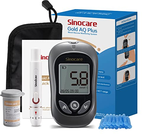 sinocare Diabetes Testing Kit, Blood Glucose Monitor Gold AQ Plus, Blood Sugar Test Kit w/Unique Gold Electrode More Accurate Test Strips x 25 & Case for UK Diabetics (in mmol/L)
