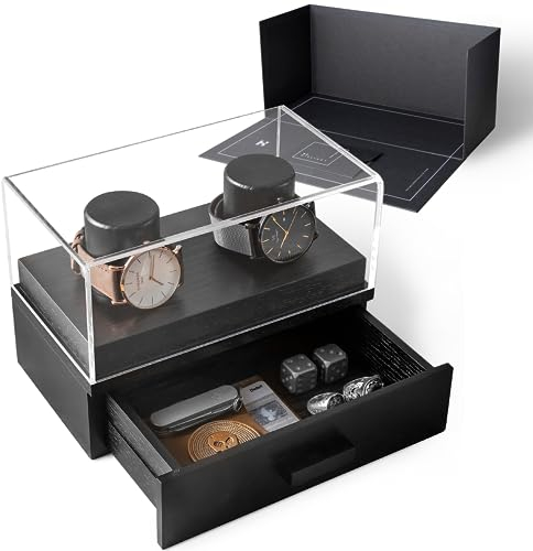 Holme & Hadfield Holzuhrenbox für 2 Uhren – Uhrenaufbewahrung mit Acryldeckel und Schublade – Moderne Uhrenbox für Herren aus Holz – Uhrenaufbewahrungsbox und Organizer