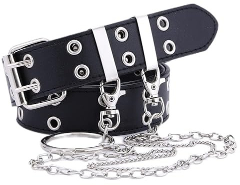 Jungerhouse Nietengürtel Damen Gürtel Doppelloch/Einzelloch Gürtel Leder Gürtel mit Nieten Jeansgürtel Glattleder Hosengürtel in 2 Kette/ 4 Kette (Doppelloch in 2 KETTE,Einheitsgröße)