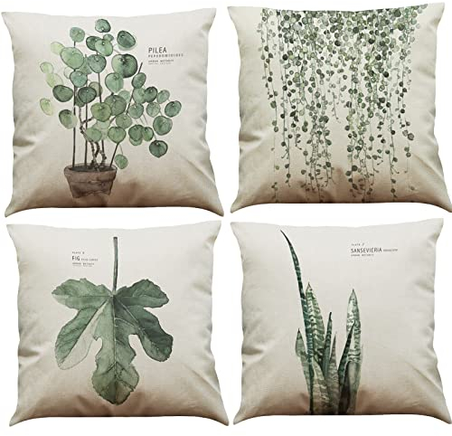 BINXWA 4 Stück Kissenbezug 45x45,Grünes Blatt Thema Deko Baumwolle Leinen Kissenhülle Sofa Kissenbezug Outdoor Garten deko