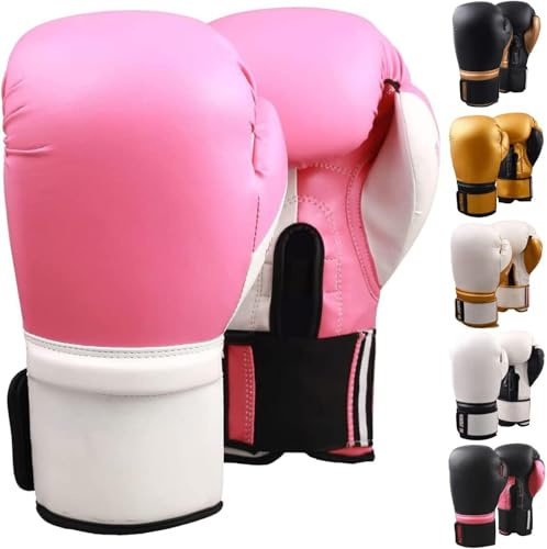 MAXSTRENGTH Guantes de Boxeo, Pro Training Sparring, MMA Heavy Kickboxing Gloves, Hombres Mujeres Adultos, Bolsa de Boxeo Pesada, Almohadillas para Entrenamiento (12 oz, Rosa/Blanco)