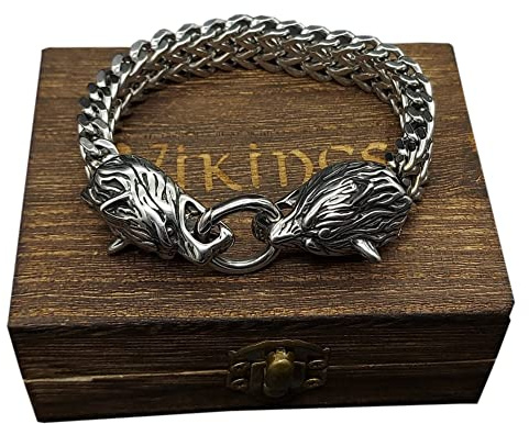 ZFSBRTL Königskette Silber 3D Wolfskopf Armband, Herren Edelstahl Wikinger Odin Wolf Panzerkette Totenkopf Armband Vintage Amulett Schmuck Geschenke mit Holzkiste