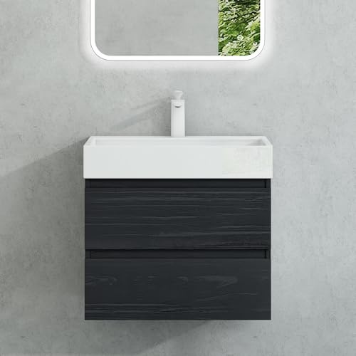 Mai & Mai Waschbeckenunterschrank inkl. Waschbecken und Ablaufgarnitur | Badmöbel-Set, Waschtisch mit Unterschrank 60x38x56cm in Schwarz Strukturiert Verona