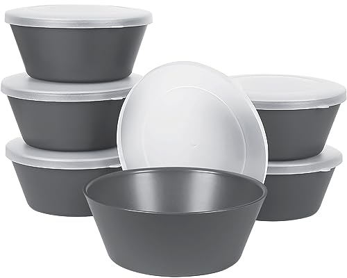 Greentainer Lot de 6 grands bols à céréales incassables avec couvercles – 750ml en plastique léger – Passe au lave-vaisselle et au micro-ondes – pour céréales, salade, soupe, nouilles, Gris