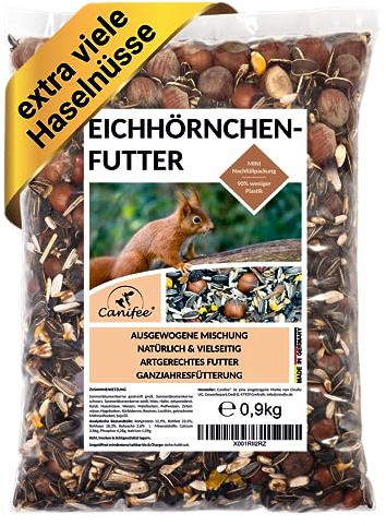 Canifee - Eichhörnchen Futter 0.9 kg Mini-Nachfüllpack artgerechtes Wildtierfutter ganzjährige Futtermischung - Nachfüllbeutel mit der extra Portion Haselnüsse - auch für Streifenhörnchen