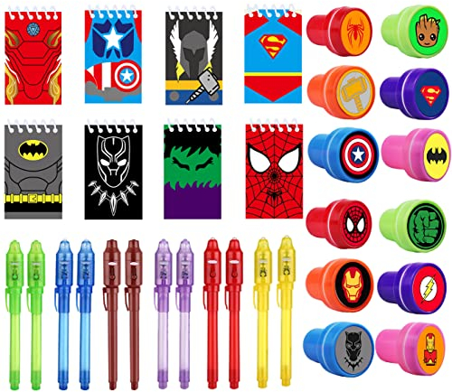 jiaoohoo Superhelden geburtstag Mitgebsel Kindergeburtstag, 36 Stück Mini Notizbuch Stempel Zauberstift, Adventskalender Inhalt für Mädchen Jungen, Mini Geschenke, Pinata Spielzeug, Schulpreise