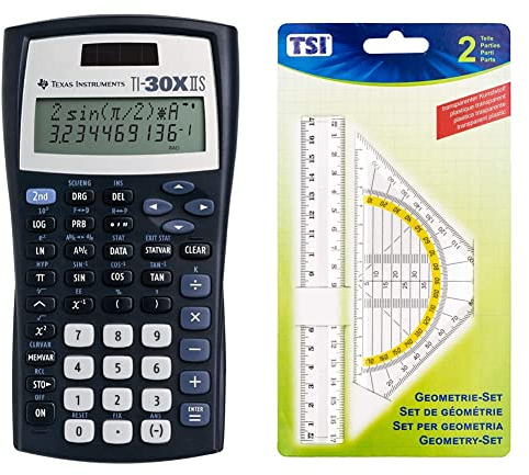 Texas Instruments TI-30 XIIS Schulrechner (zweizeilig, Solar- und Batteriebetrieb) Dunkelblau & TSI 46303 Geometrie-Set (Lineal 17 cm und Geo-Dreieck 16 cm)