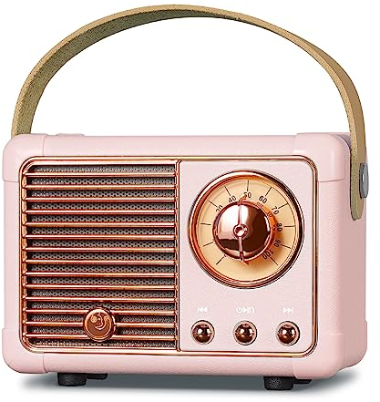 PRUNUS J-999 Altoparlante Bluetooth Retrò, Mini Radio Fm, Radio Vintage Portatile Ricaricabile, Supporto TF/AUX/USB,Chiamate in Vivavoce,Adatto Famiglia,Cucina(Rosa)