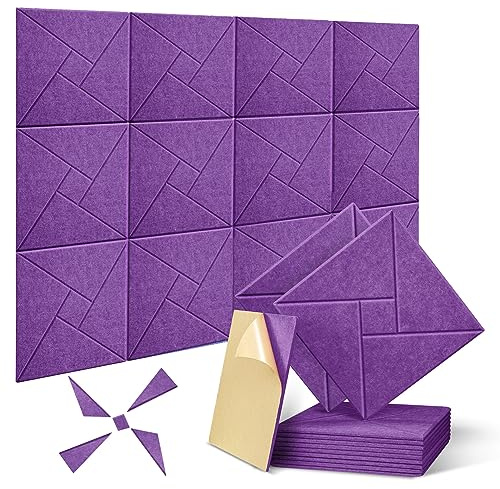 JAMELO Quadratische Akustikplatten Akustikpaneele selbstklebend 12 Stücke, Schallschutzplatten aus Hohe Dichte Polyester zum Schallschutz für Wand Decke Tür Schalldämmung & Dekoration Lila
