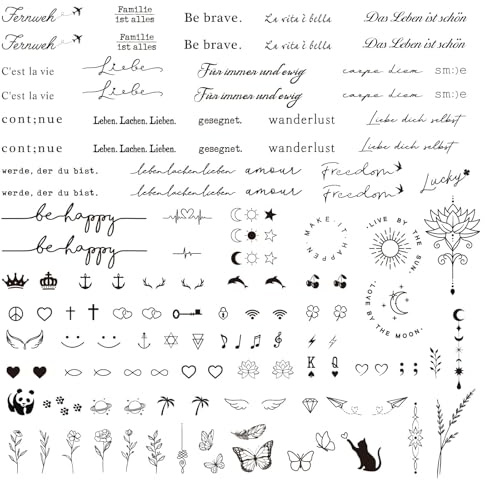 COLOFALLA 3 Blätter 130+ Temporäre Tattoos - 2 Wochen Schriftzug auf Deutsch zum Aufkleben - Fake Klebetattoos Halloween Karneval Fasching Inspirierende Sprüche Accessoires für Frauen Mann