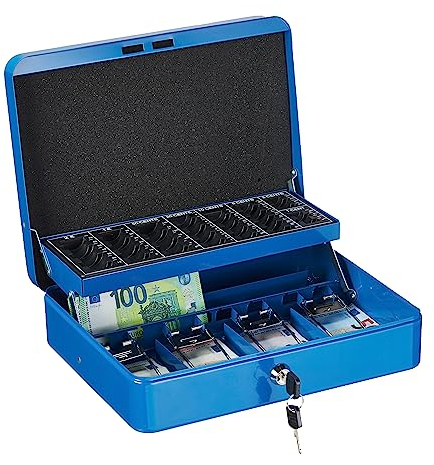 Relaxdays Geldkassette abschließbar, Münzzählbrett & 4 Scheinfächer, Geldkasse Eisen, HxBxT: 8,5 x 30,5 x 24,5 cm, blau