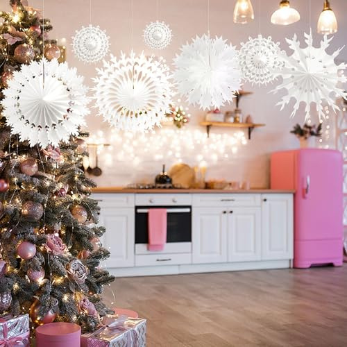 12 Stück Papiersterne zum Aufhängen Weiß Paper Schneeflockendekorationen | Papier Weihnachtsdeko Weiß Papier Schneeflocken Weihnachtsdeko für Neujahr, Weihnachten, Heimdekoration