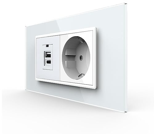 LIVOLO Schuko Steckdose Wandsteckdose + USB-A & USB-C Anschlussdose Ladedose Buchse UP inkl. Glasrahmen Weiß