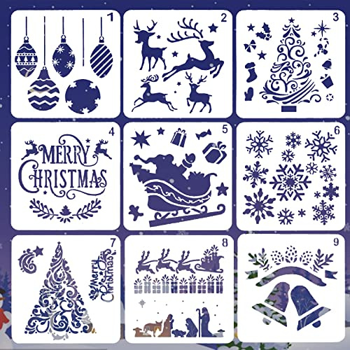 9 Stück Weihnachtsschablonen, wiederverwendbare Malerei, DIY-Weihnachtsschablonen, Weihnachts-Schablonen, Kunststoffherstellung zum Sprühen von Türen, Fenstern, Wänden, Möbeln, Malerei, Weihnachten,