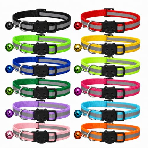 SereneStock 12-Pack Reflective Cat Collar with Bell - Breakaway Safe kitten collar Safety Quick Release Buckle - Adjustable Length (7.5''-12.5'') & Lightweight for Girl Boy (Mix Color)