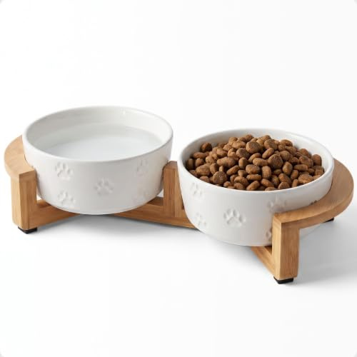 Keramik Hundenäpfe mit Ständer - Mittleres Hundenapf-Set mit Ständer rutschfest - 2 Keramikschalen mit rutschfestem Bambusständer für mittelgroße Hunde - Erhöhte Hundenäpfe 2er Set - Erhöhte