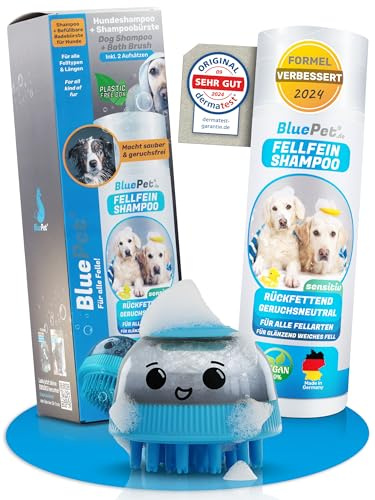 BluePet hundschampo känslig 200 ml med påfyllningsbar badborste – återfettande och pH-neutral – för långhår och känsliga hundar – mot klåda, smuts och lukt – med aloe vera