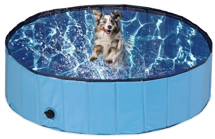 Relaxdays Hundepool, H x D: 30 x 120 cm, faltbar, mit Ablassventil, Hundeplanschbecken zur Abkühlung, PVC & MDF, blau