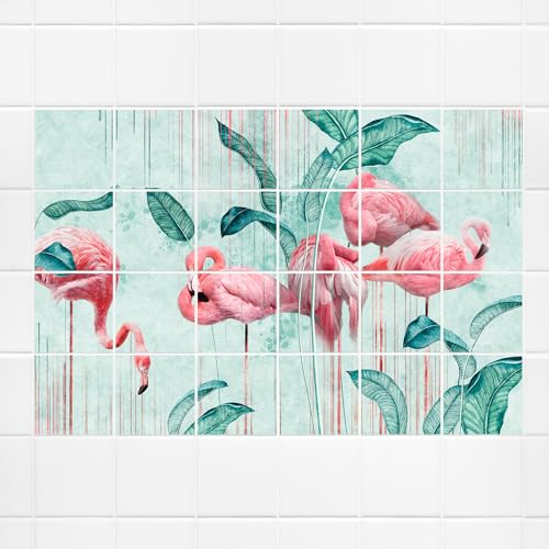 GRAZDesign Fliesenaufkleber Rosa Flamingo grün Natur Fliesenbild Bad & Küche - 15x15cm / 122x77cm