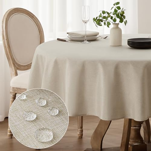 Softalker tischdecke rund 100 cm Durchmesser tischdecken abwaschbar leinenoptik beige tischtuch Wasserabweisende tischwäsche klein gartentischdecke Table Cloth für Camping, Hochzeiten, Geburtstag
