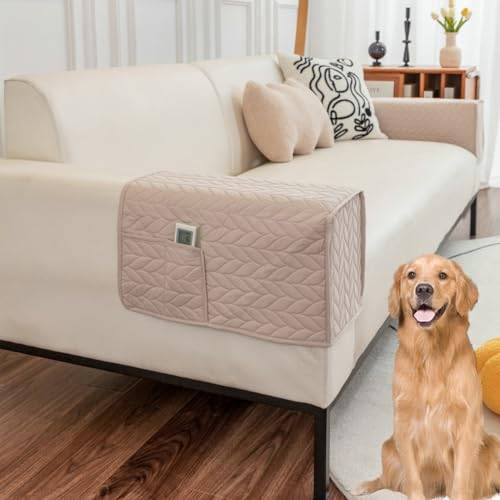 MOTTK Hochwertige Armlehnenbezüge und Organizer, 2er-Set, wasserdicht, Sofa-Liegestuhl mit 2 Taschen, leicht zu reinigender Möbelschutz für Hund und Katze (Beige)