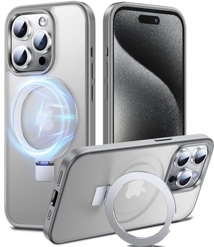 Chicfun 3-in-1 [Magnetic+KickStand+Ring Holder] Compatible with MagSafe, for iPhone 15 Pro Case with Stand Military Shockproof Protective Magnetic.for iPhone 15 Pro Case,Grey