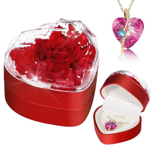 TangDouJM Regalos para Mujeres, Regalos de Cumpleaños para Mujeres, Rosas preservadas para Ella, Collar Corazón de Rosa, Rosas Eternas, Regalos para Novia, Mamá, Esposa
