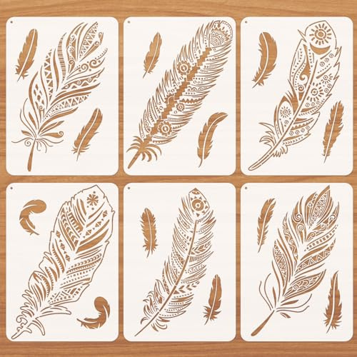 JSRQT 6 Stück Mandala Feather Painting Stencils Feder Schablonen DIY Vintage Art Fenster Wiederverwendbar Waschbar Malschablonen