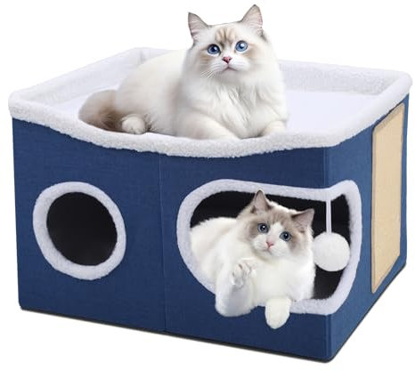 Faltbares Katzenhaus, Katzenhöhle Indoor große Katzen, 54.5T*44.5B*34.5H cm 2 Schicht Katzenwürfel, Große Katzen Haus mit Kratzbrett und Spielball, Katzenhaus Höhle für mittlere und Großer Haustiere