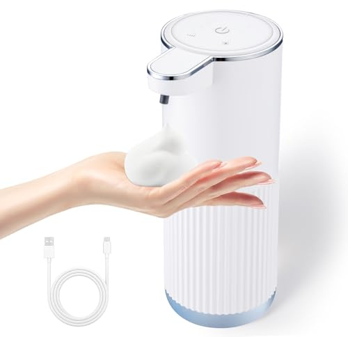XINKORA Automatic Foaming Soap Dispenser, 4-Level Adjustable Electric Foam Hand Soap Dispenser, USB Rechargeable Touchless for Bathroom Countertop, Kitchen, 13.5oz, Wall Mounted(White)