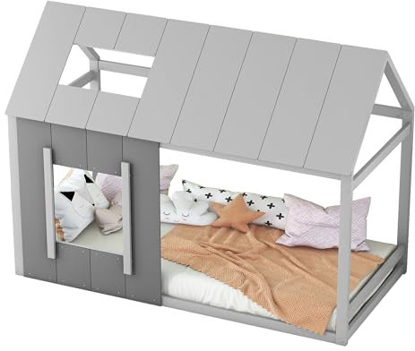 BXEYXE 90 x 200 Kinderbett, Kinderbett in Hausform, Einzelhaus-Flachbett mit Dach und Fenster, Dunkelgrau + Hellgrau (ETA:12/8)
