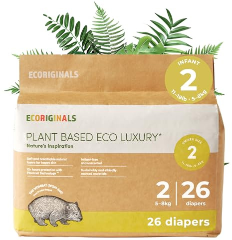 Ecoriginals - 26 Eco Infant Nappies Size 2 - Baby Nappies with 100% Plant-Based Layers, Disposable & Hypoallergenic Baby Essentials for Infant Babies - Secure Fit Baby Diapers (5-8Kg), 1 Pack