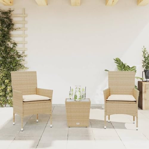 Xichuzi 3-TLG. Bistro-Set mit Kissen Beige Poly Rattan und Glas, Gartenset Tisch Und Stühle, Balkon Möbel Für Kleinen Balkon, Terrassenmöbel, Balkonset, Balkonmöbel - 3278744