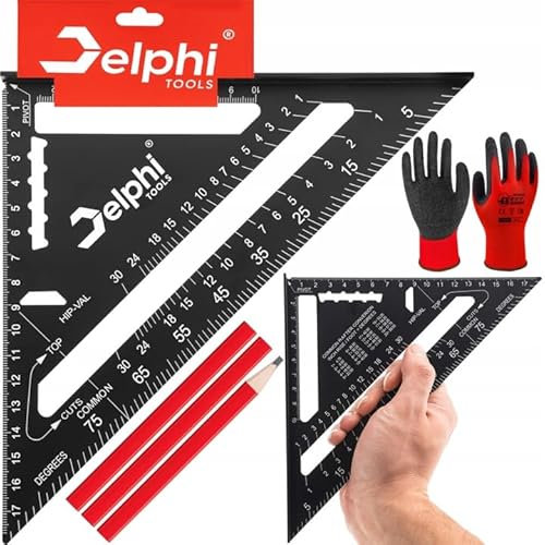 DELPHI Angolo di falegname, 180 mm, angolo di 90° ispessito, goniometro per angoli precisi e angoli di arresto accuratamente lavorati, set con matite e guanti (nero, 180 mm)