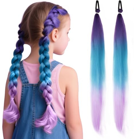 2 Stück Bunte Kunsthaar zum Einflechten 75 cm, Haarsträhnen zum Braiding | Braids Extensions mit Haargummi, Geflochtener Zopf Haarteil für Kinder Party Urlaub Karneval Deko, Dunkellila, Blau und Helll