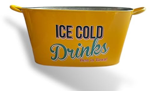Retro Large Ice Cold Drinks Metal Bucket, Oval Party Beverage Tub with Handles, Available in Yellow, Red, Green, Natural Colors. (YELLOW)