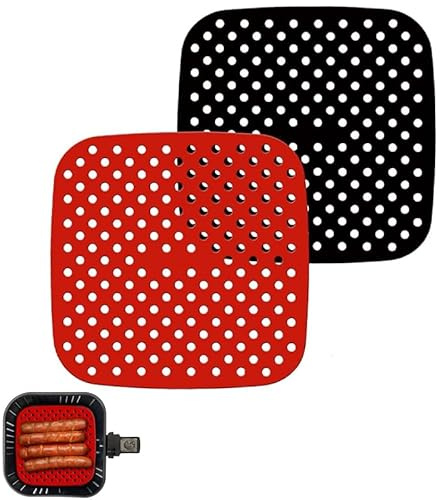 Azlanway Silicone Mats, Hot Air Fryer, Pack of 2, Red & Black, Reusable Accessories, Airfryer, Non-Stick & Heat Resistant, Perforated Silicone Baking Paper, Dishwasher Safe, BPA-Free
