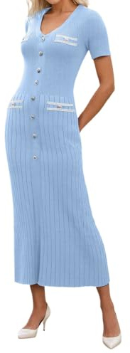 Vhersily Robe Femme Élégante Longue Cérémonie, Estivale Manches Longues Décontractée Col en V Unie avec Boutons, à la Mode, Fraîche et Respirante, Style Streetwear, Robes de Demoiselle d'Honneur, pour