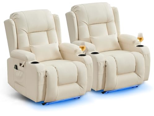 SAMERY Fernsehsessel Elektrisch Verstellbar Relaxsessel mit Liegefunktion,Massagesessel Vibration Heizung,Kunstleder TV Sessel Wohnzimmer Liegesessel Kinosessel 614 mit USB/LED,bis 150 kg (2, Beige)