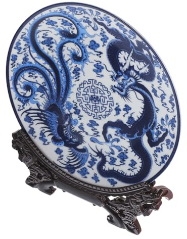 Vaguelly 1 Ensemble Assiette Décorative Céramique Chinoise Bleu et Blanc avec Support Traditionnel pour Décoration de Table et Service de Nourriture