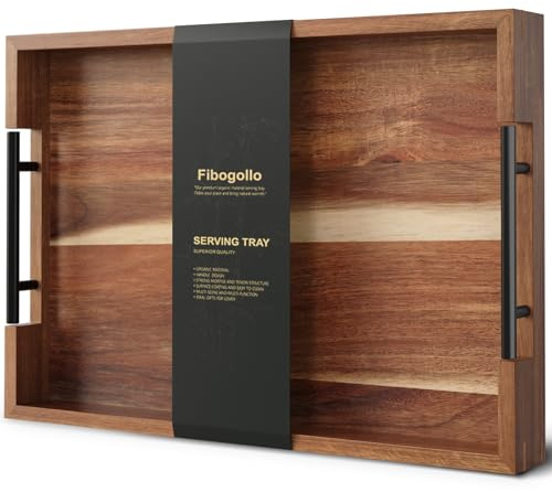 Fibogollo Acacia Wood Serving Tray with Metal Handles,43x30 cm Ottoman Decorative Trays Platter for Coffee Table,Living Room,Bar,Party(Large)