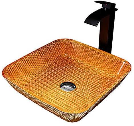 Lavandino da appoggio per Bagno, Moderno lavabo Quadrato in Vetro temperato, lavabo da appoggio con Set di Scarico a Scomparsa, Arancione