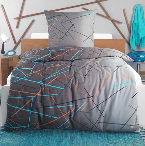 BaSaTex Bettwäsche Set, 2-TLG., 135x200 cm 80x80 cm, Stripes Grau | Öko_Tex Zertifiziert, 100% Mikrofaser, Allergiker geeignet, Atmungsaktiv, Temperaturausgleichend